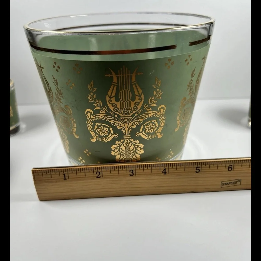 Vintage Green Gold Ice Bucket + 4 Small Glasses Hollywood Regency mid-century